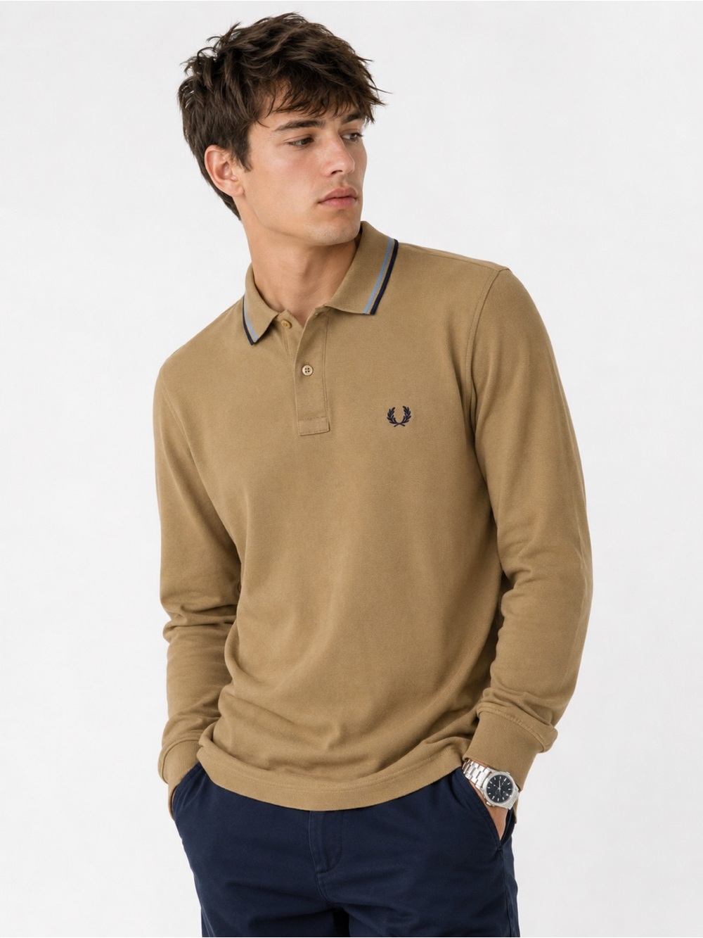 Fred Perry Men’s Long-Sleeve Polo in Camel with Navy Trim M